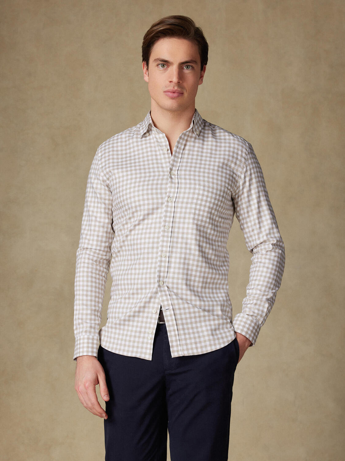 Buton down collar Ash check shirt - Off-white