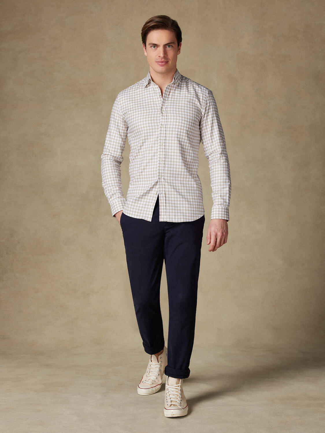 Buton down collar Ash check shirt - Off-white