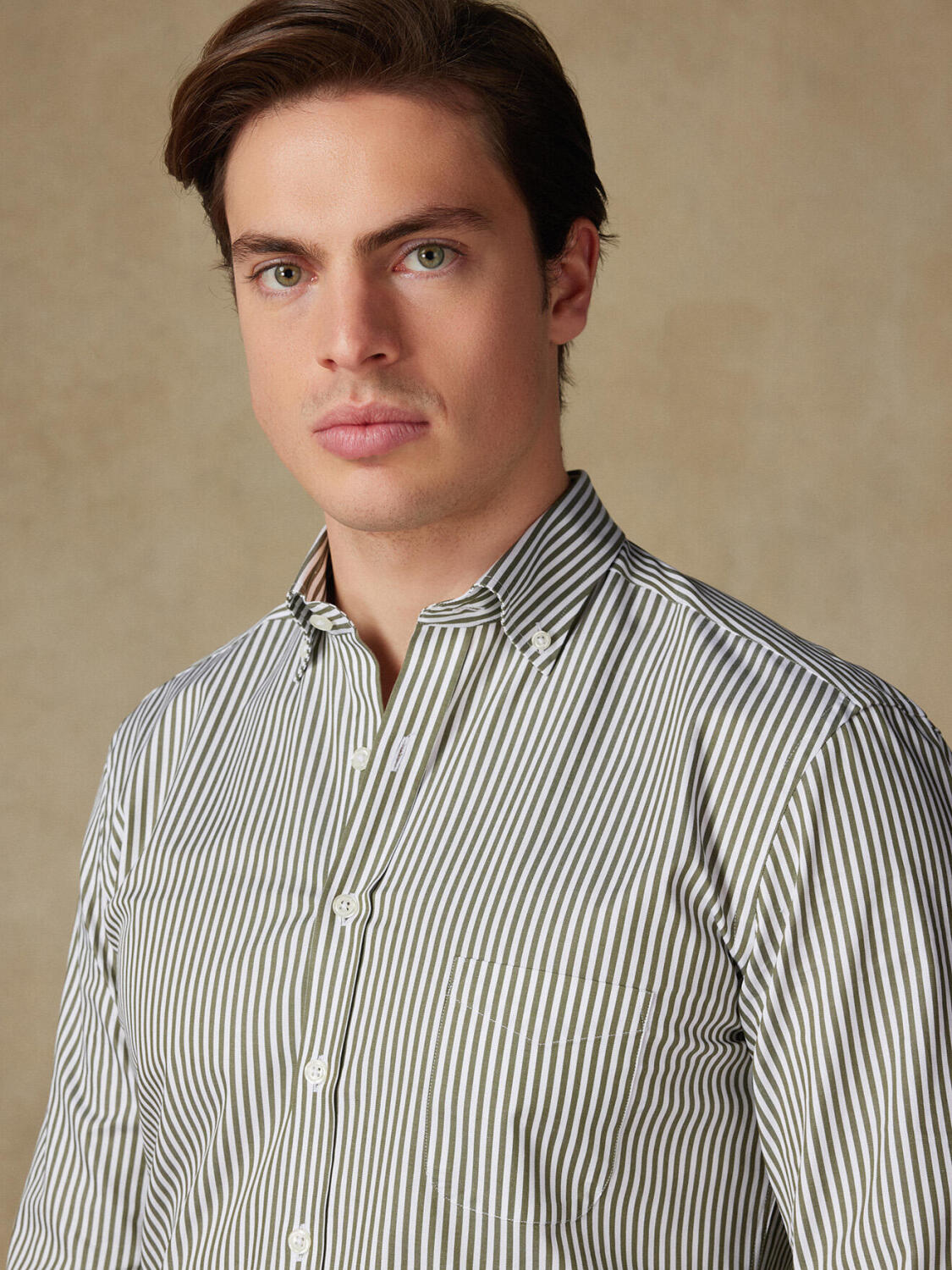 Chemise Barry à rayures kaki- Col Boutonné