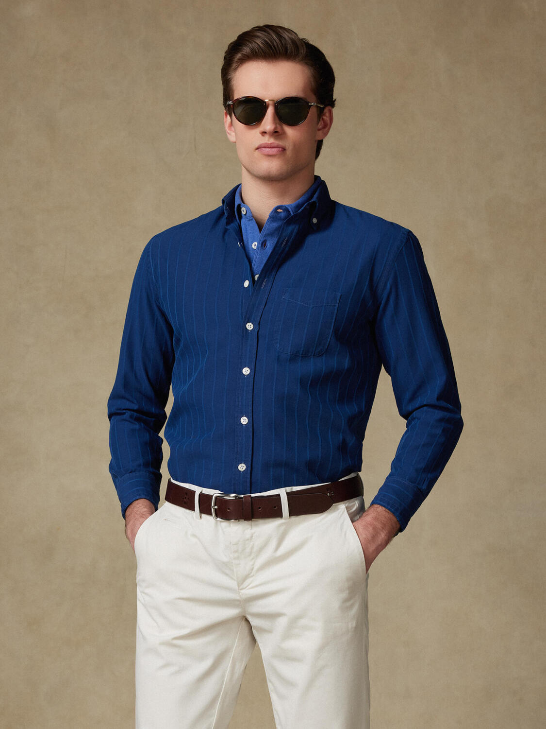 Bred shirt with indigo stripes   - Button down collar