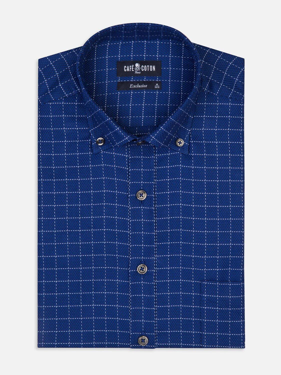 Chemise Brett marine à carreaux ciel - Col Boutonné