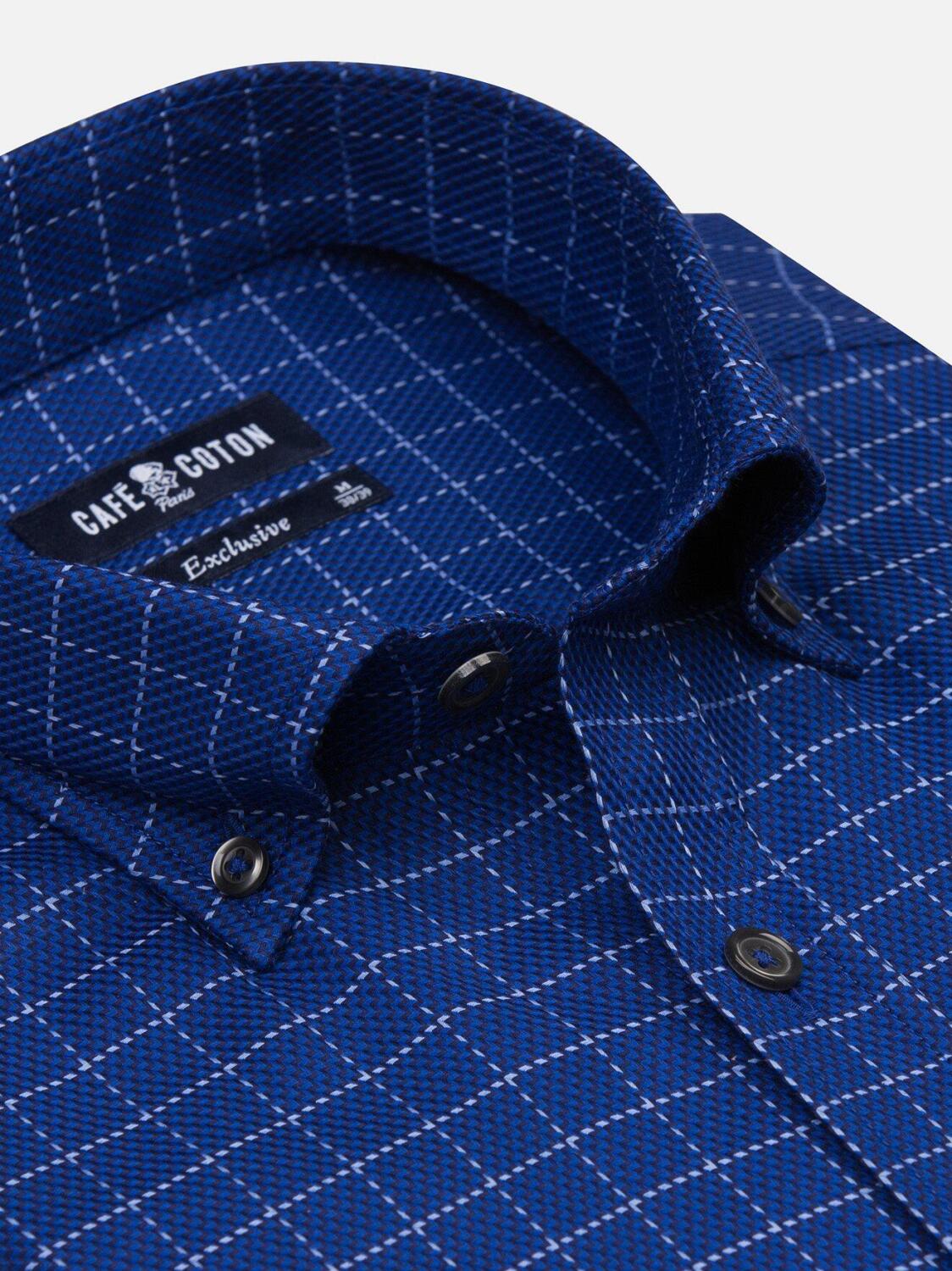Chemise Brett marine à carreaux ciel - Col Boutonné