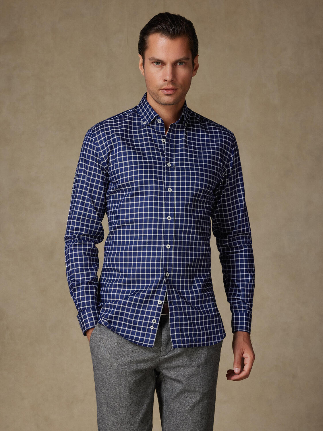 Byron navy geruit overhemd - Button down Kraag