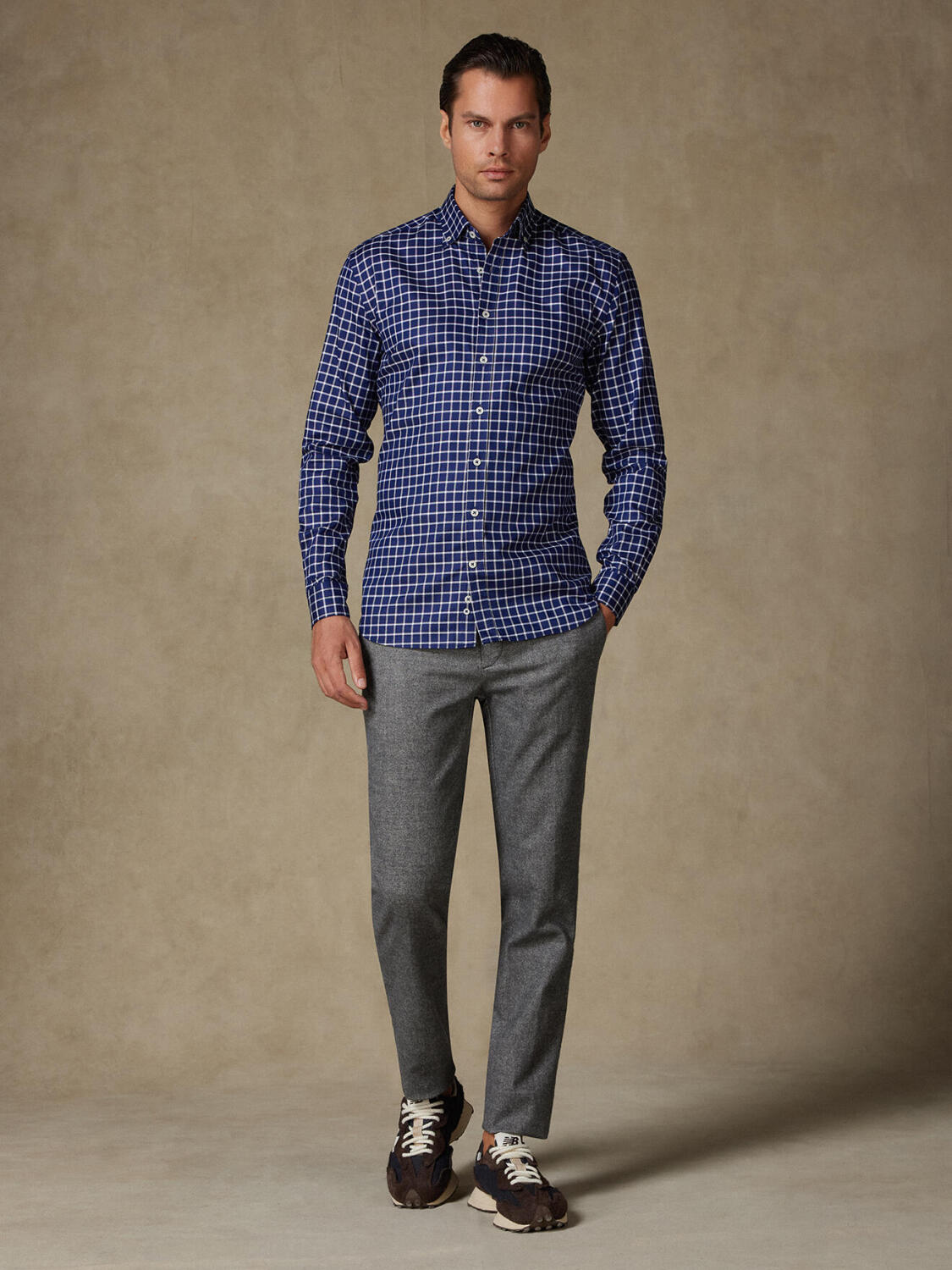 Byron navy geruit overhemd - Button down Kraag