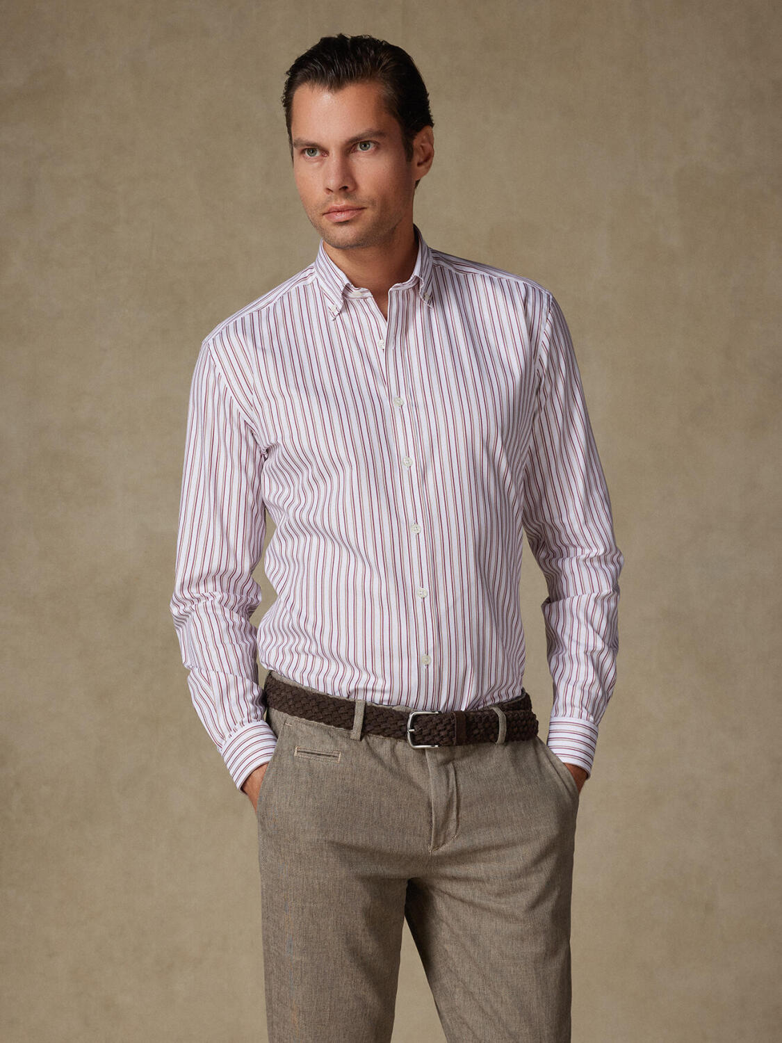 Carly bordeauxrood gestreept overhemd - Button down Kraag