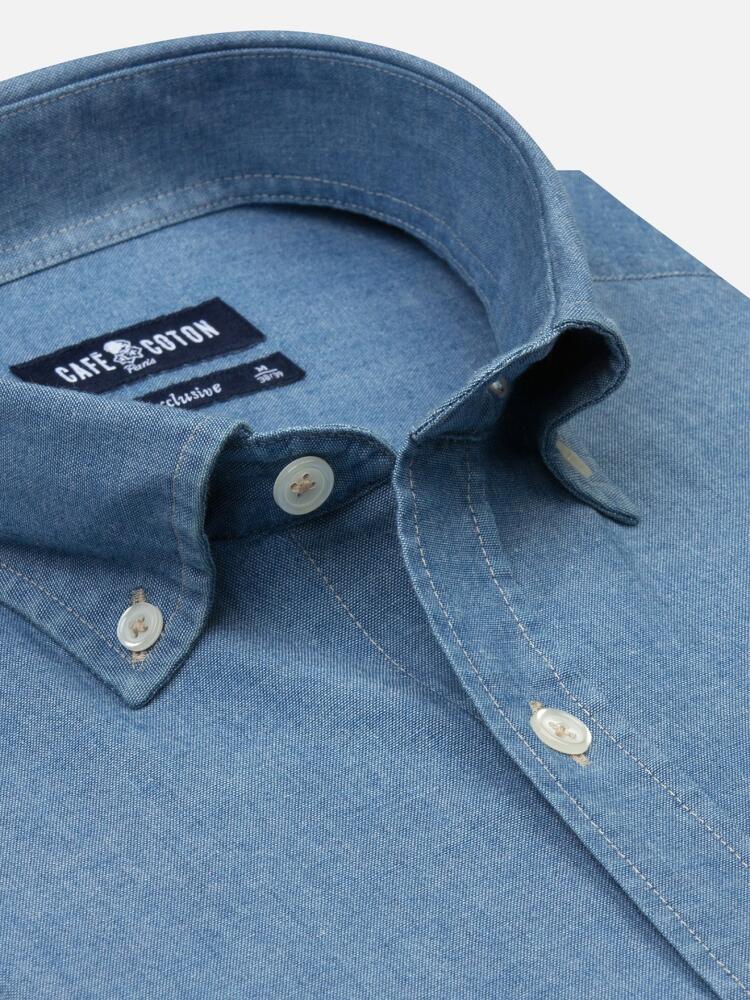 Chemise en chambray bleu - Col Boutonné