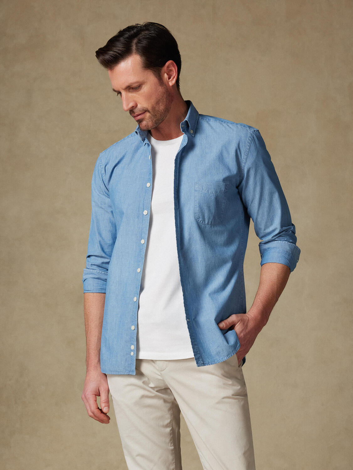 Chemise Cameron en twill ciel  - Col Boutonné