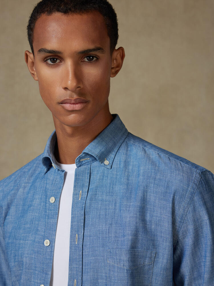 Overhemd in chambray hemelsblauw - Button-down kraag
