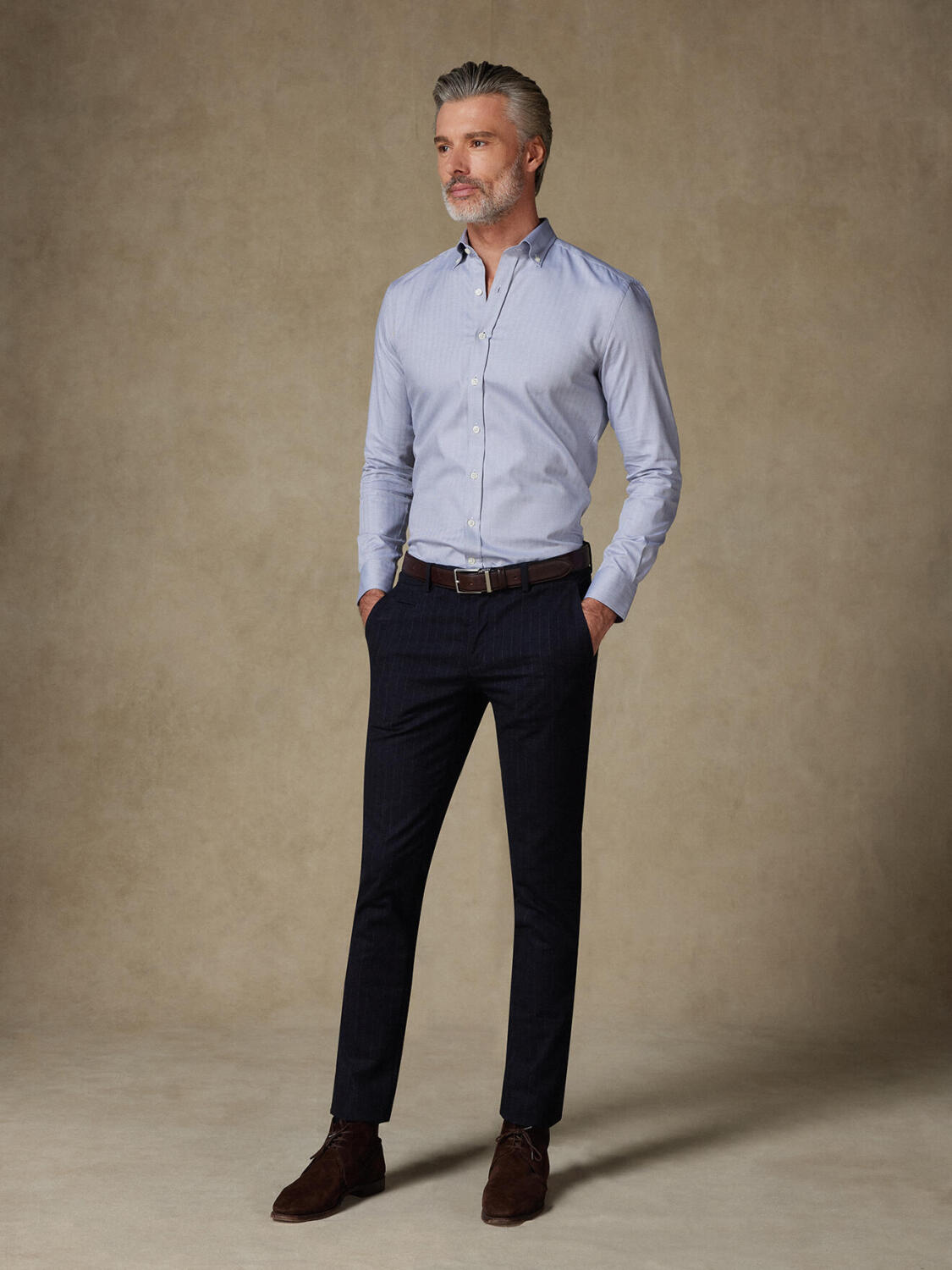 Grijs visgraat overhemd - Button-down kraag