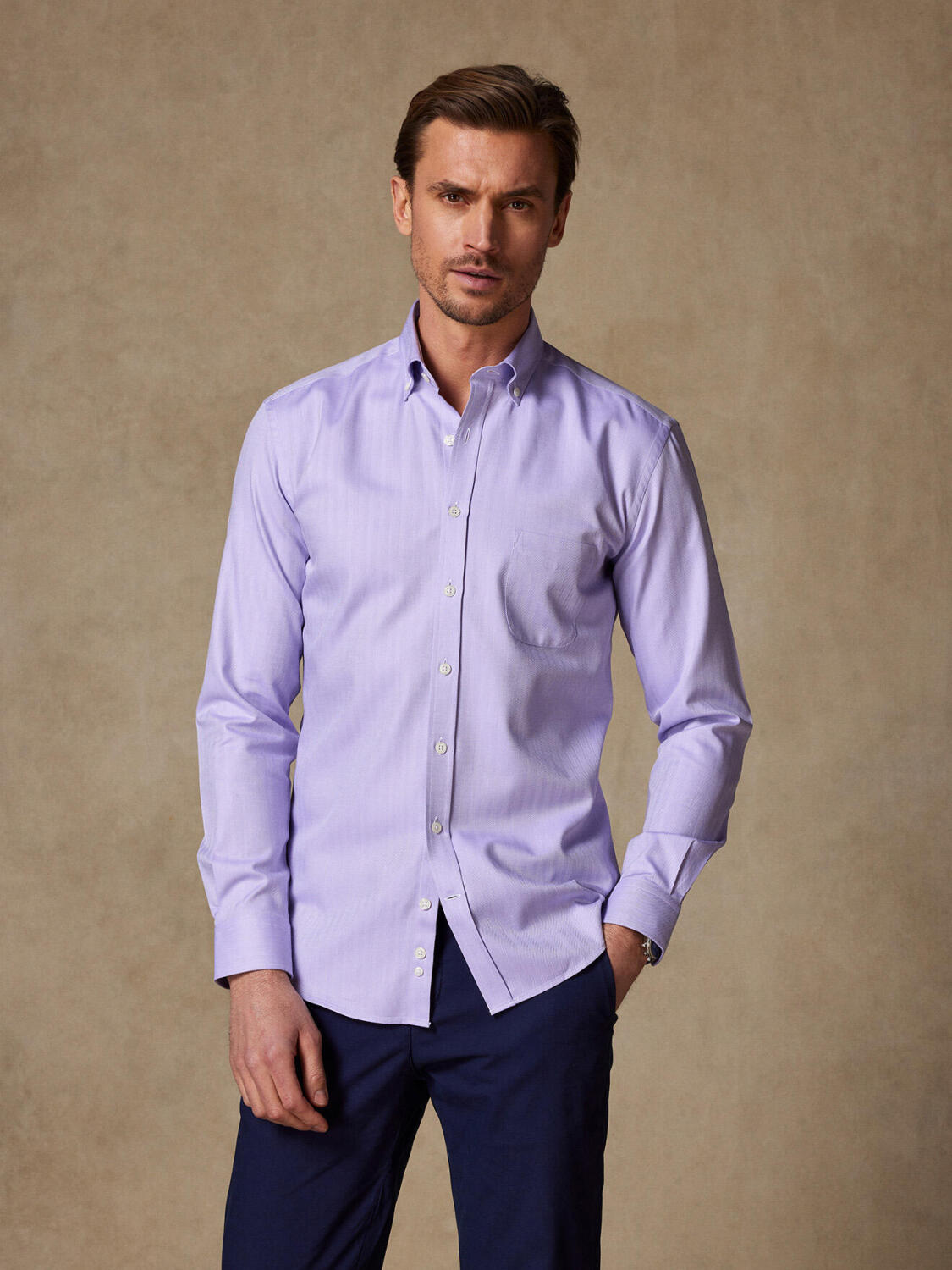 Paars visgraat overhemd - Button-down kraag