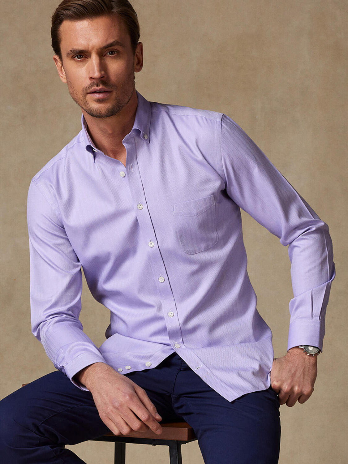 Paars visgraat overhemd - Button-down kraag