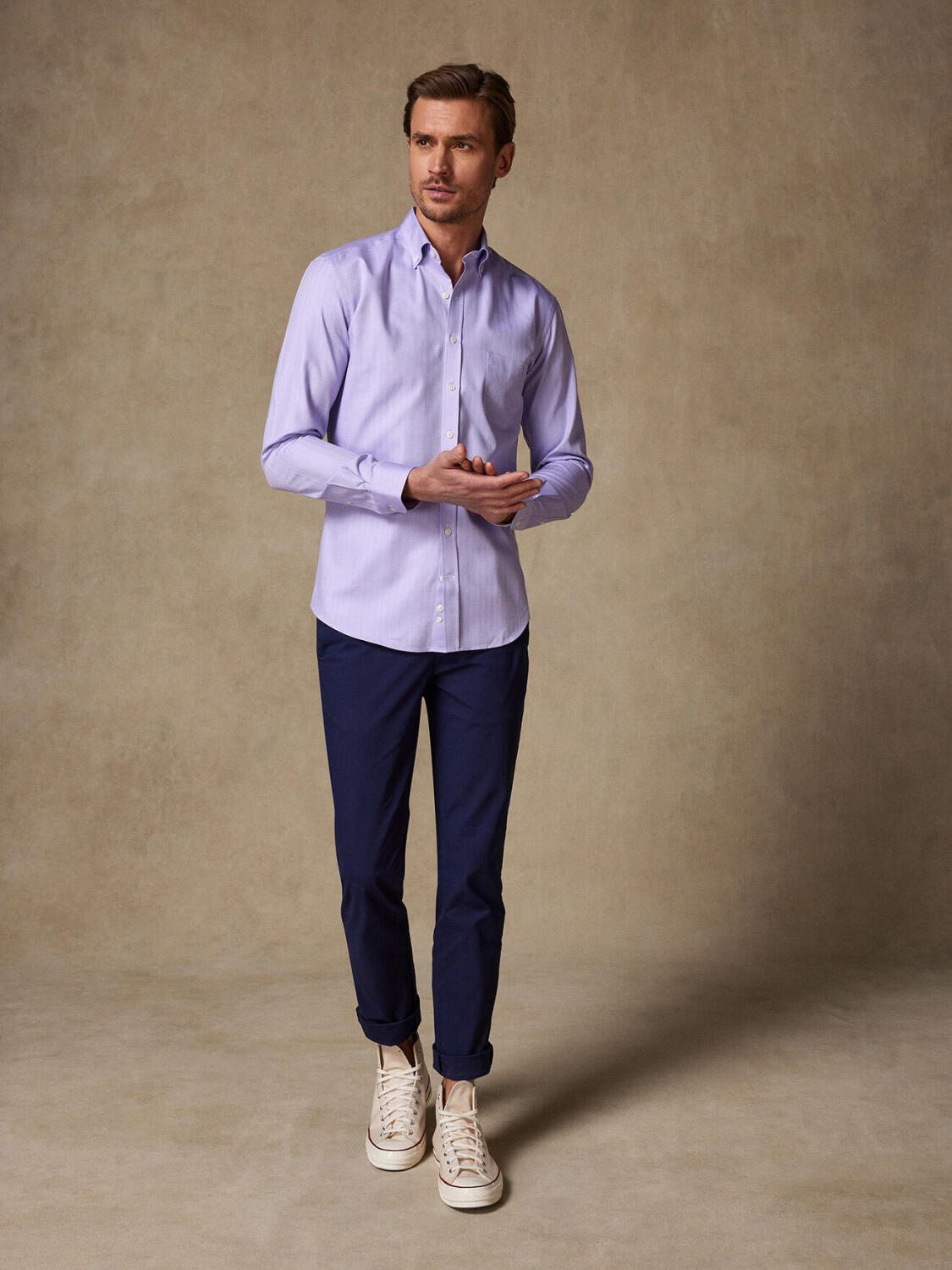 Paars visgraat overhemd - Button-down kraag