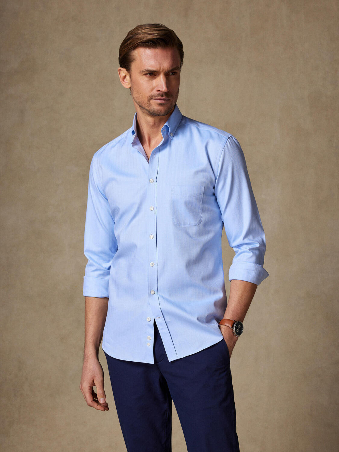 Hemels visgraat overhemd - Button-down kraag