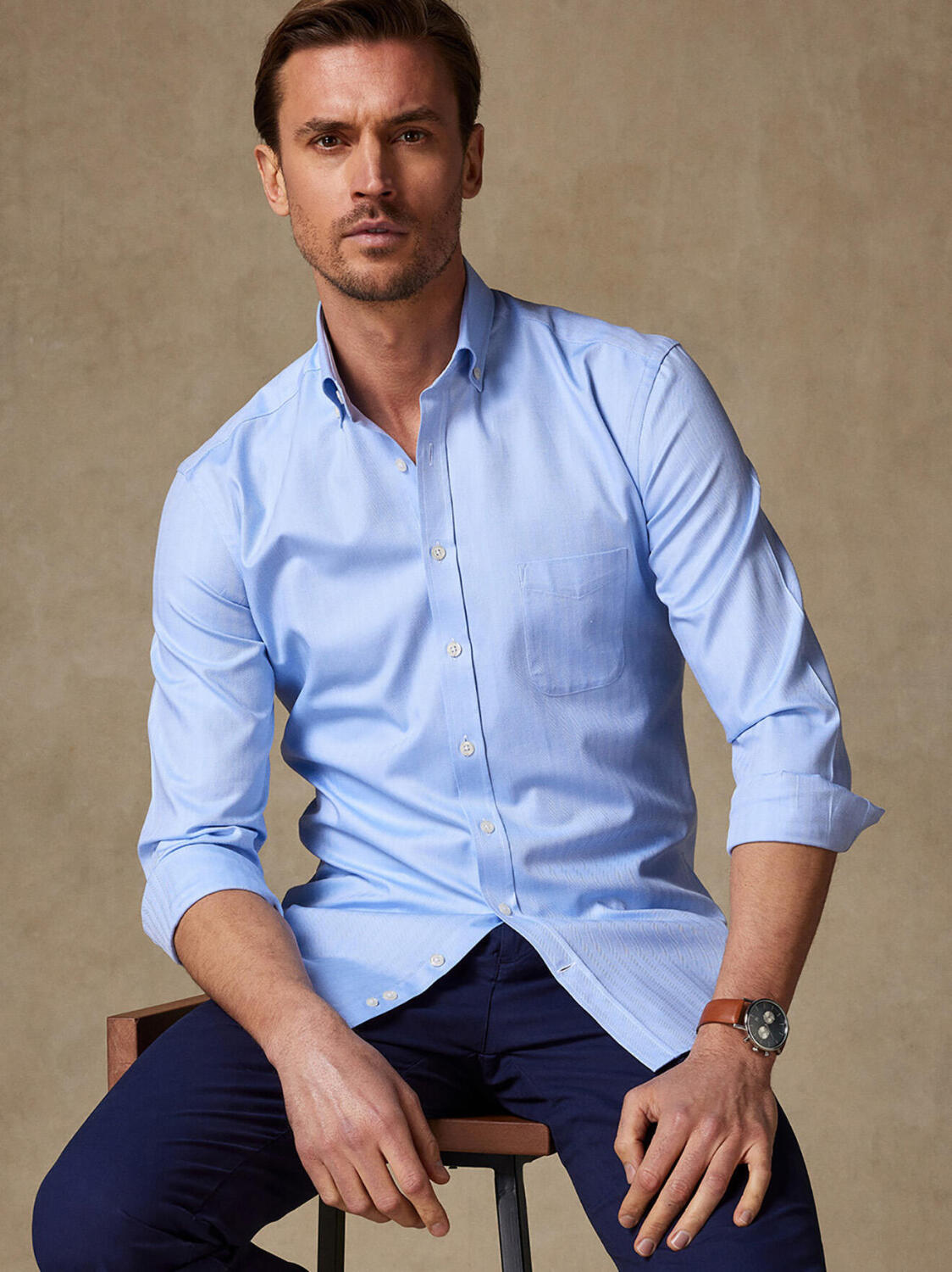 Hemels visgraat overhemd - Button-down kraag