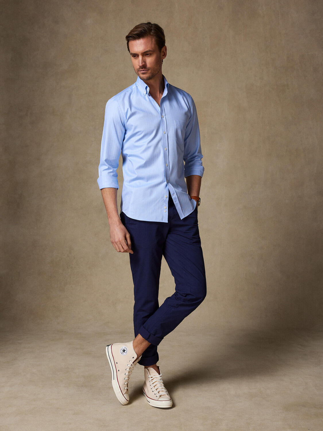 Hemels visgraat overhemd - Button-down kraag