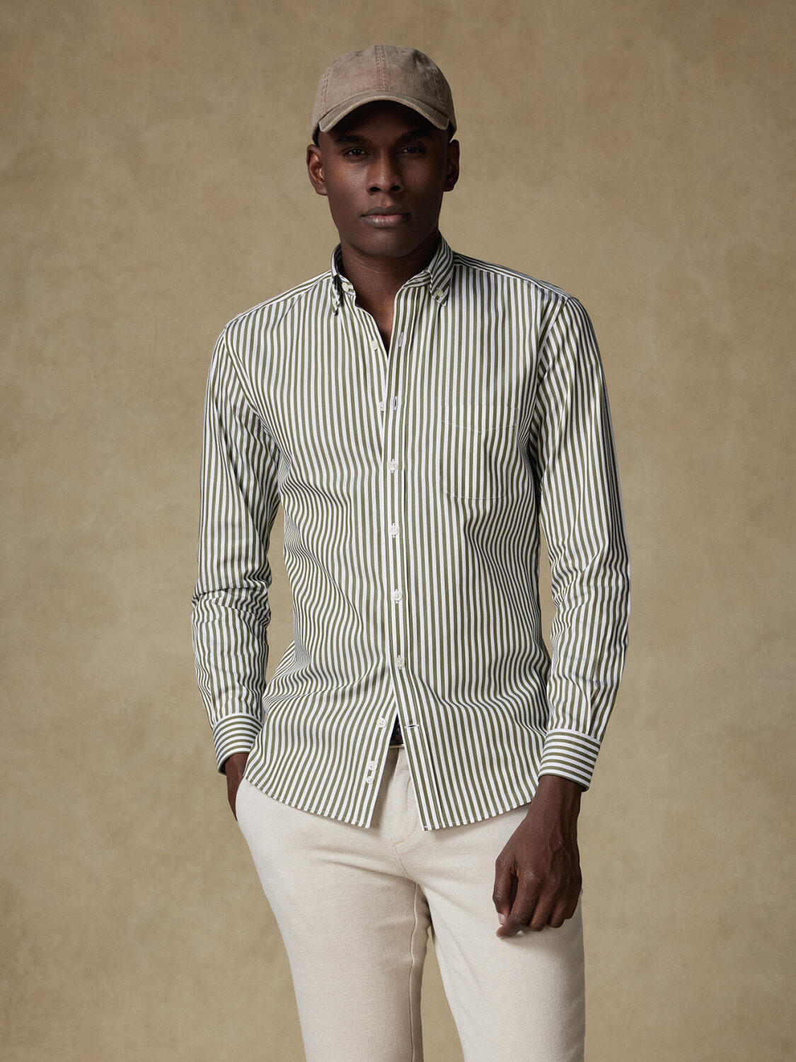 Overhemd Chris met strepen khaki - Button-down kraag
