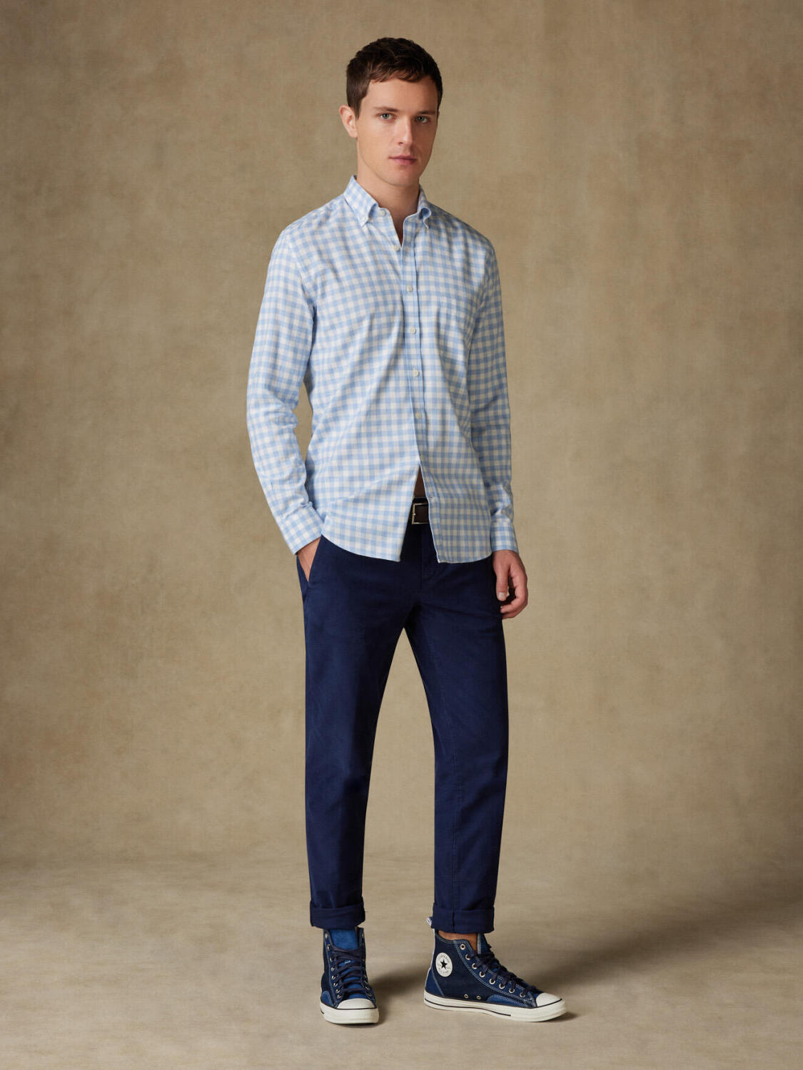 Chemise Danny en flanelle à carreaux ciel  - Col Boutonné