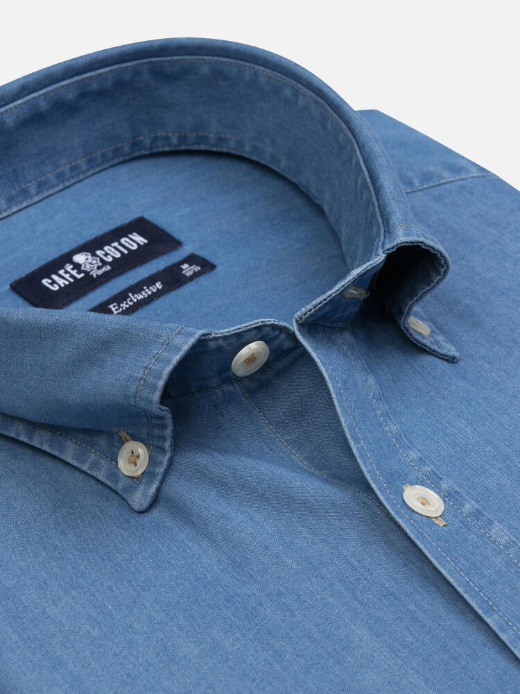 Chemise en denim ciel- Col Boutonné