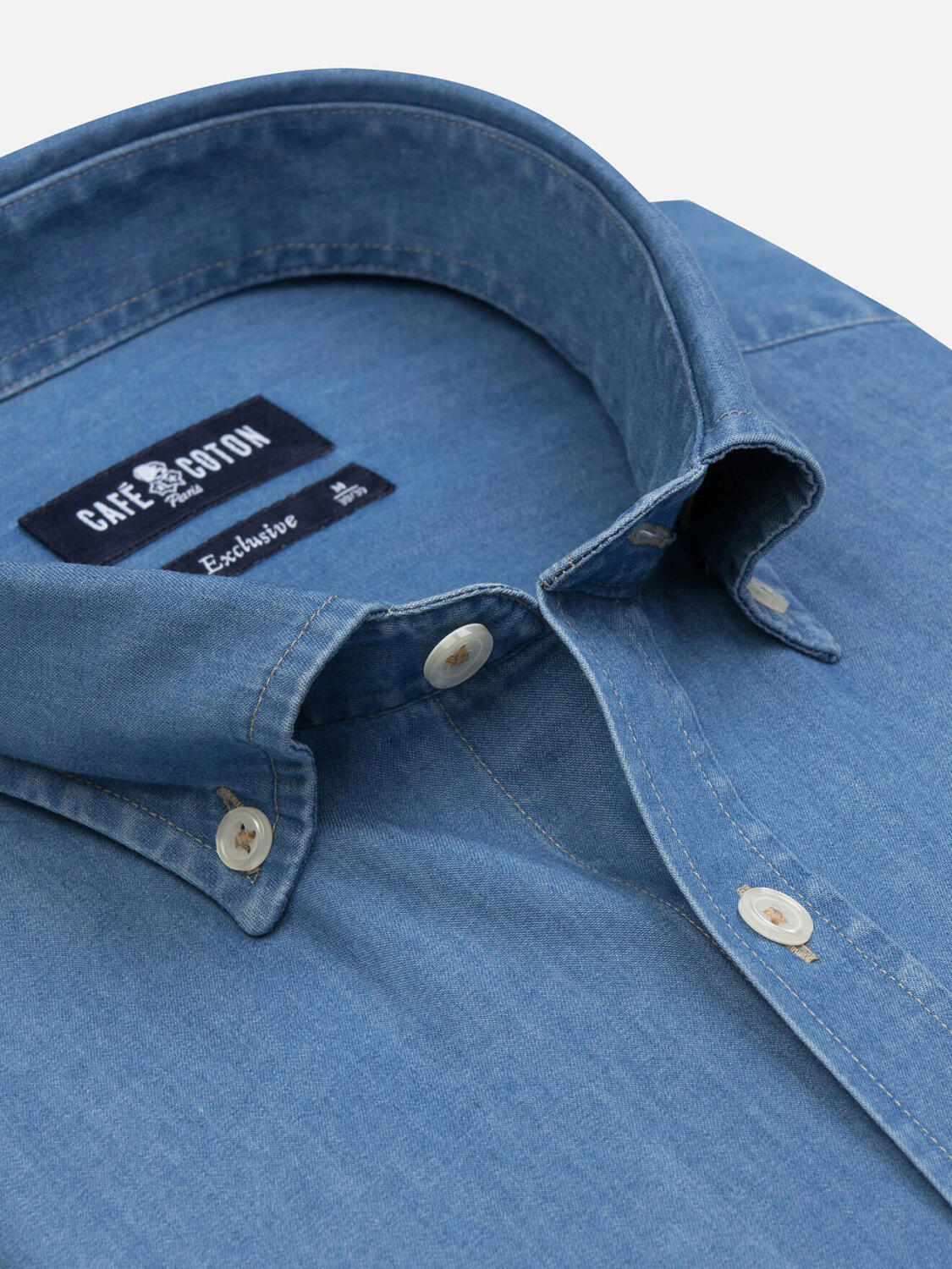 Chemise en denim ciel- Col Boutonné