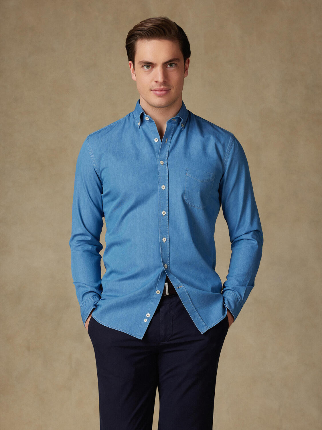 Chemise en denim ciel- Col Boutonné