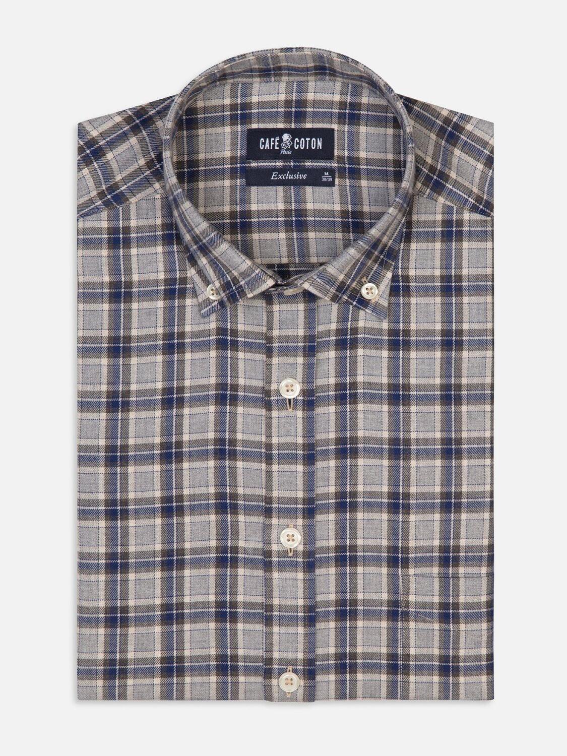 Chemise Denys en flanelle grise &agrave; carreaux marine - Col Boutonn&eacute;