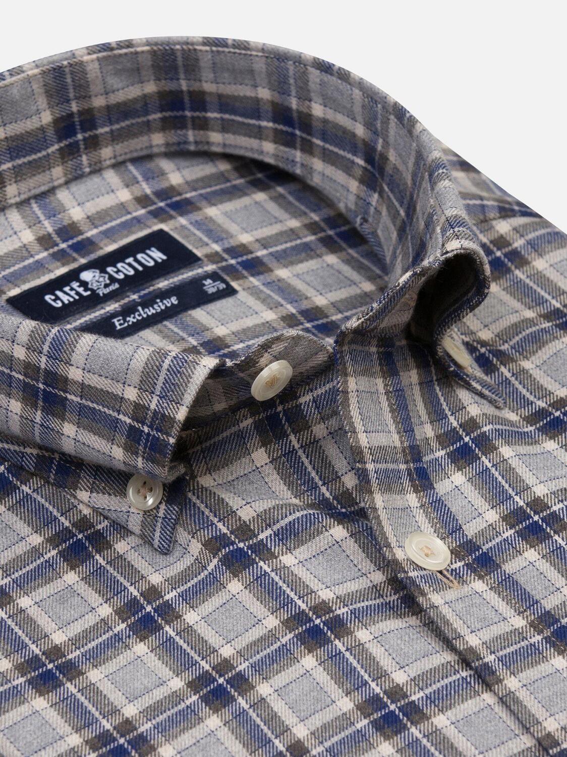 Chemise Denys en flanelle grise &agrave; carreaux marine - Col Boutonn&eacute;
