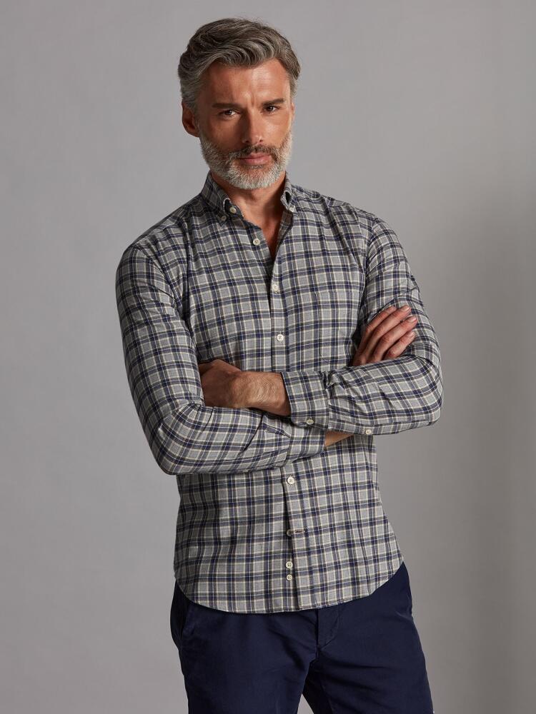 Denys grey flannel shirt with navy blue checks - Button-down collar