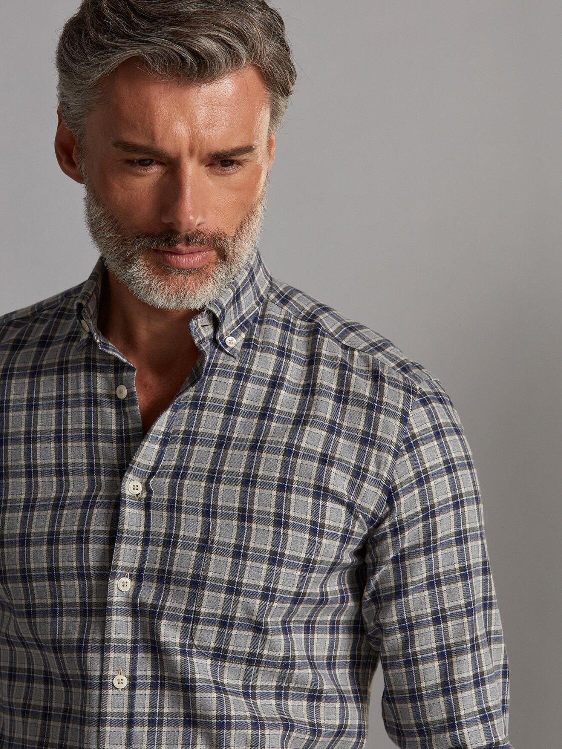 Chemise Denys en flanelle grise &agrave; carreaux marine - Col Boutonn&eacute;