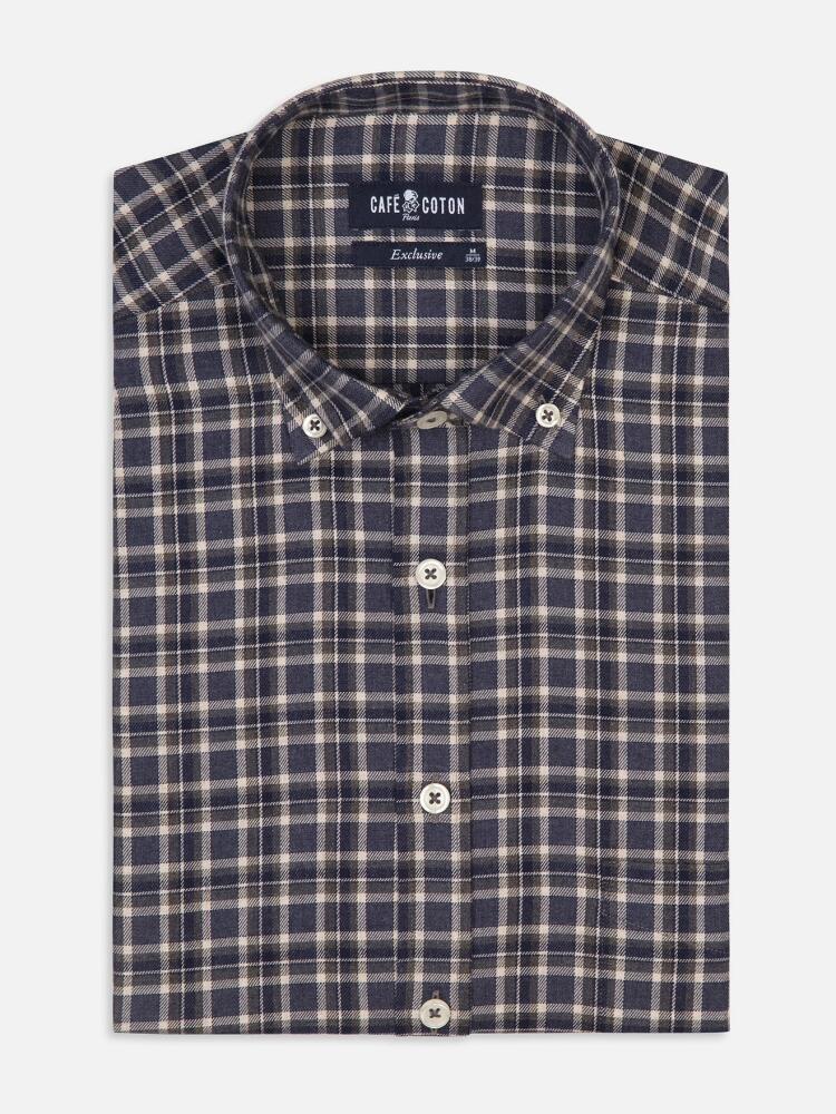 Denys navy blue flannel shirt with grey checks - Button-down collar