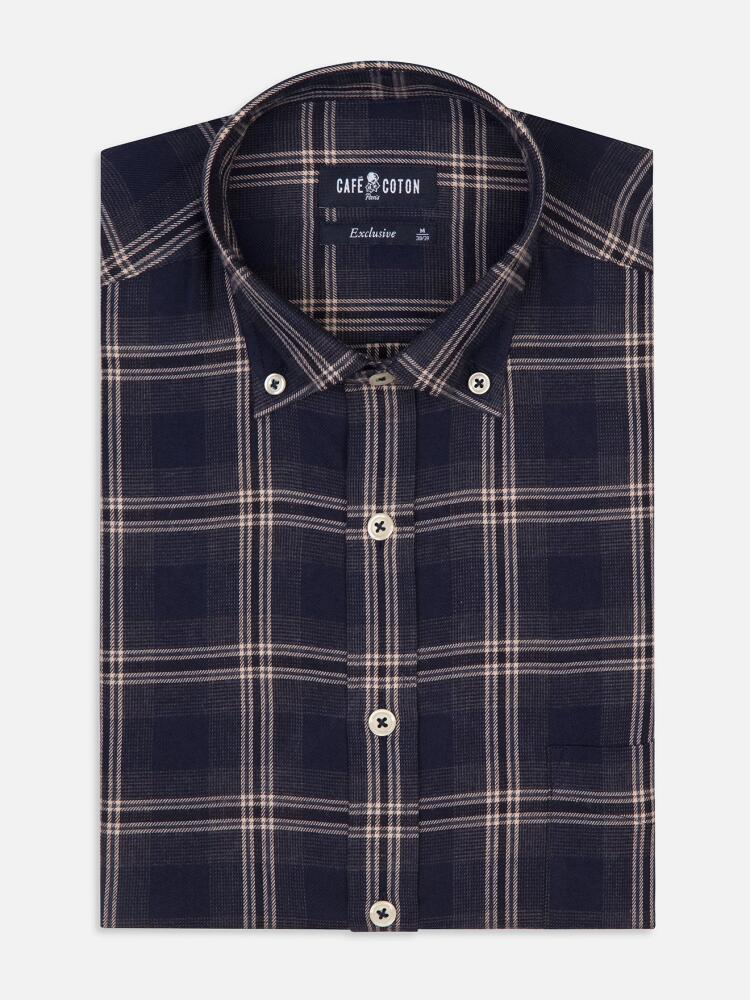 Devin navy blue checked flannel shirt - Button-down collar