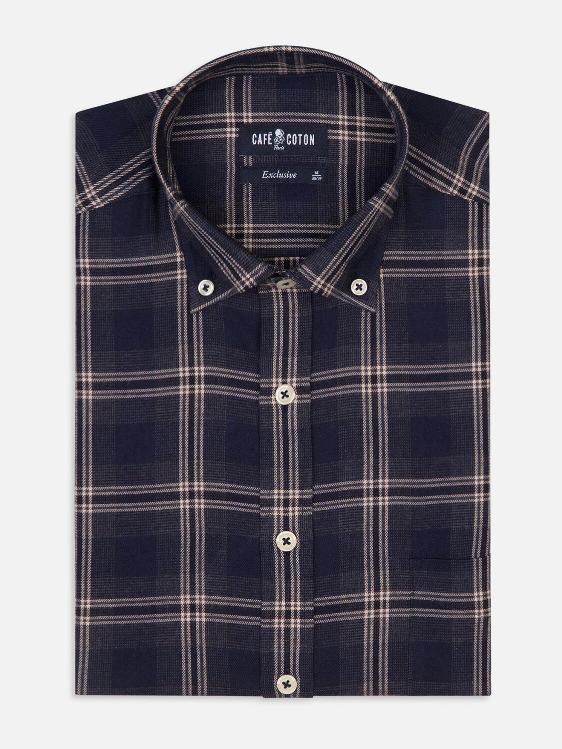 Chemise Devin en flanelle &agrave; carreaux marine - Col Boutonn&eacute;