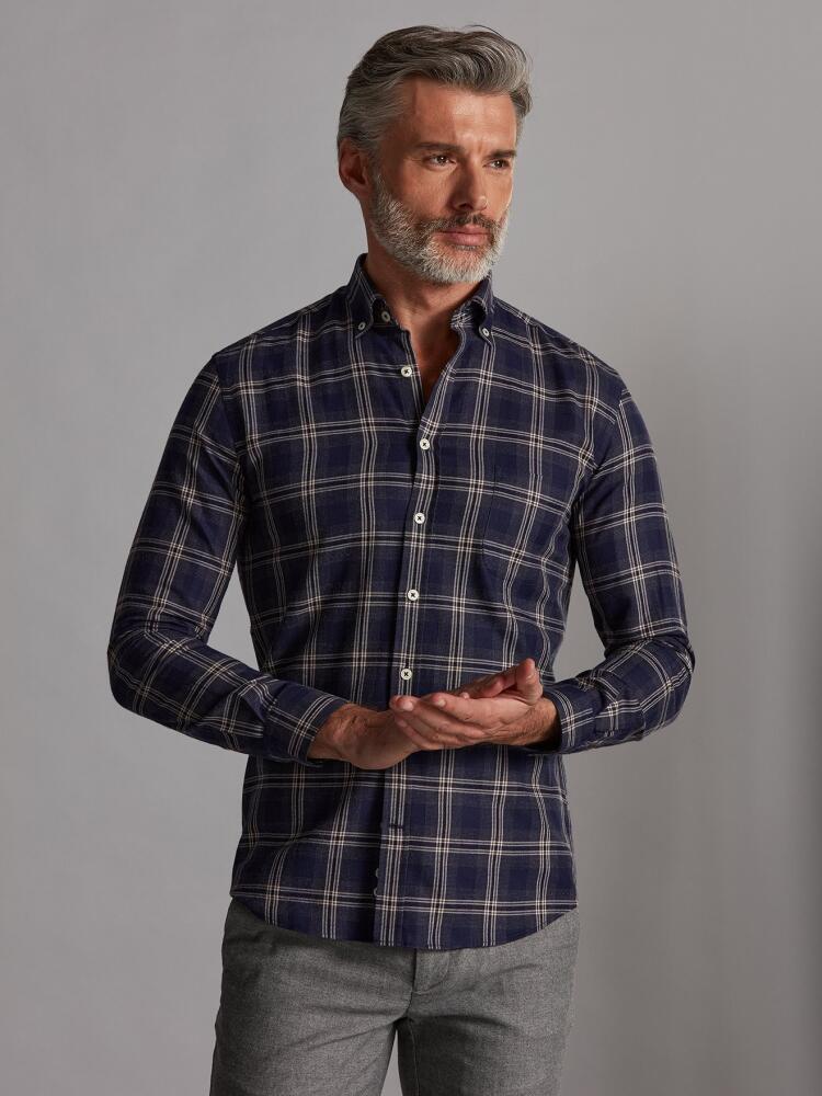 Devin navy blue checked flannel shirt - Button-down collar