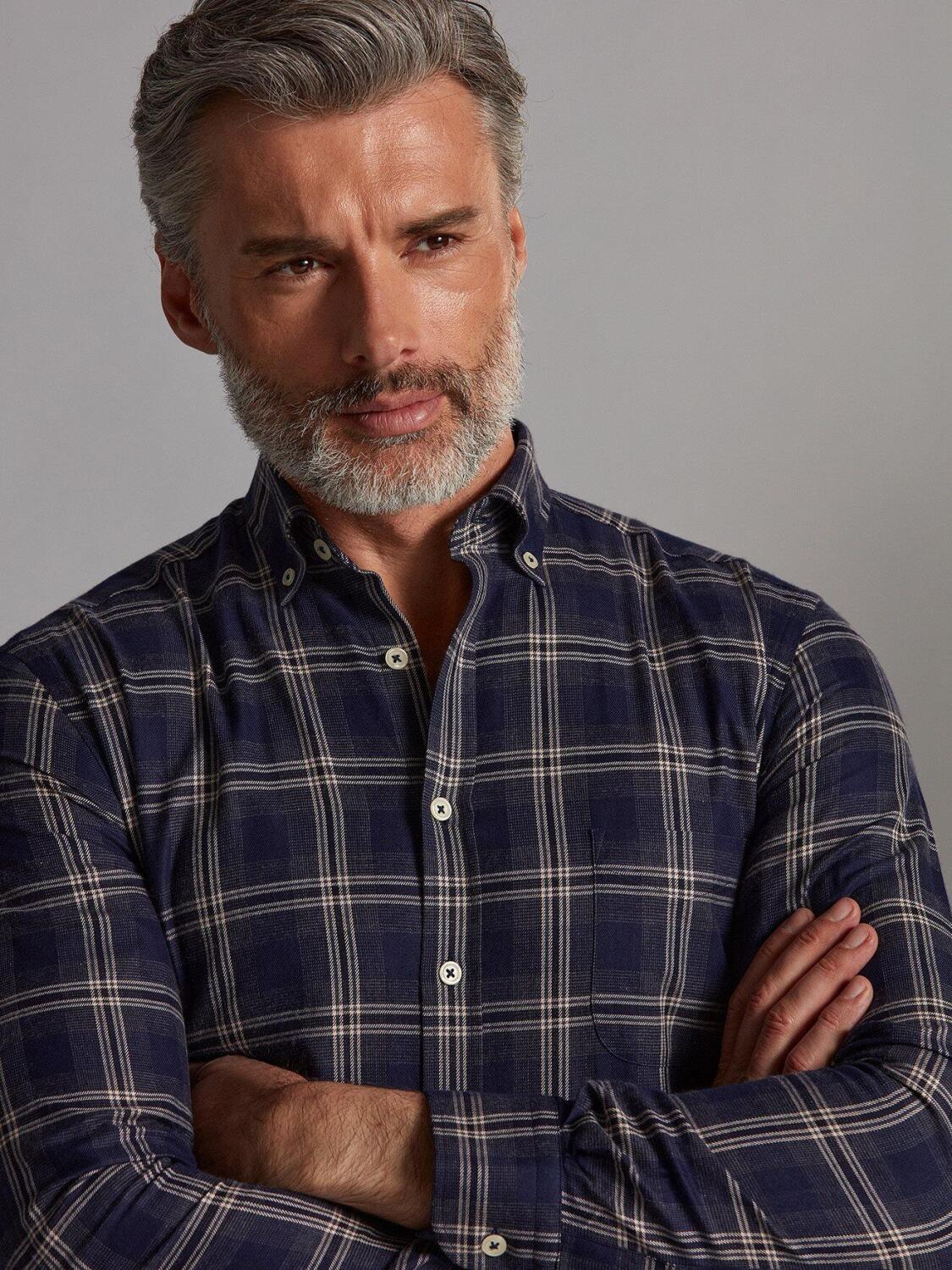 Chemise Devin en flanelle &agrave; carreaux marine - Col Boutonn&eacute;