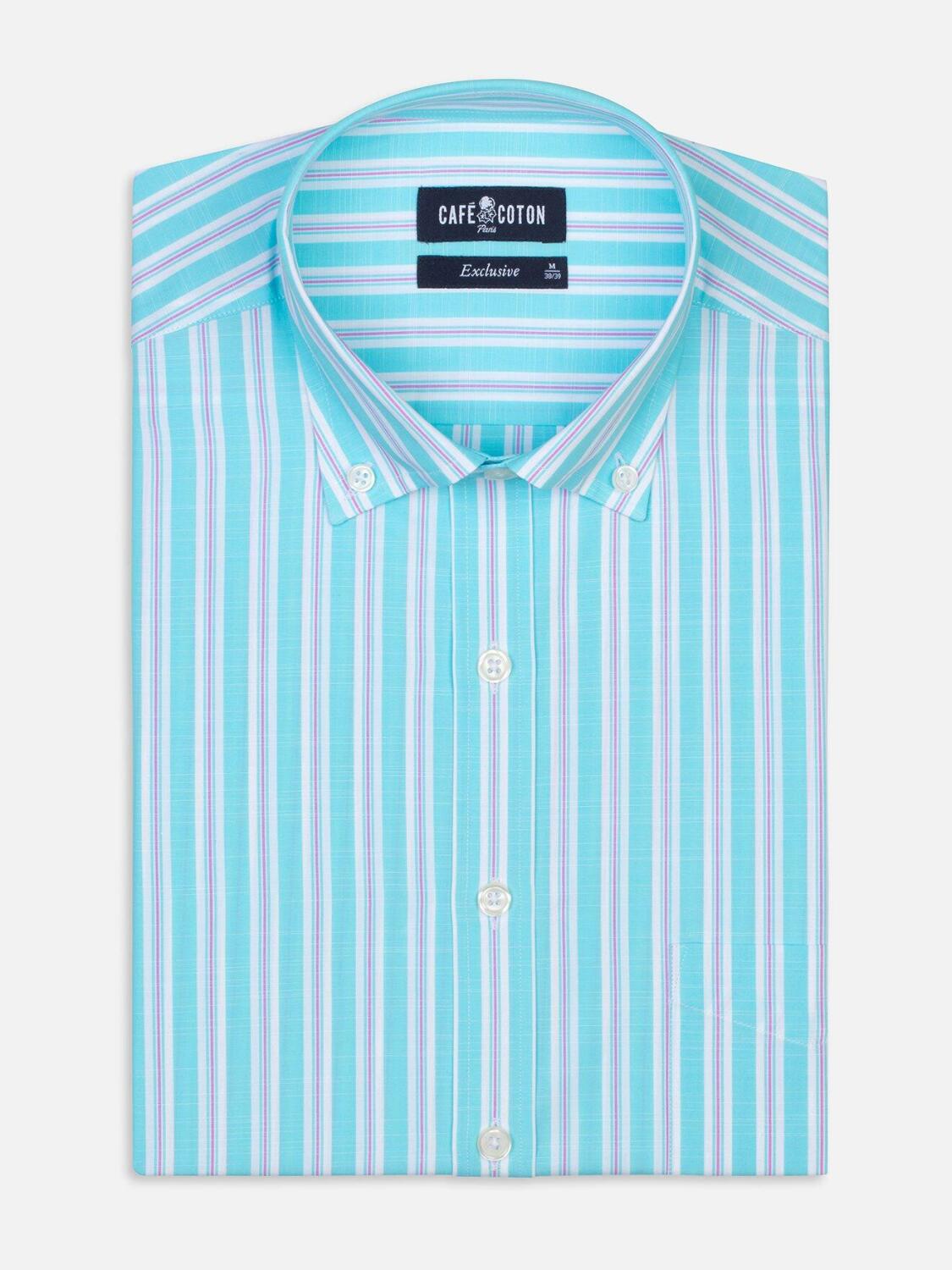 Chemise Devon &agrave; rayures turquoises et roses - Col Boutonn&eacute;