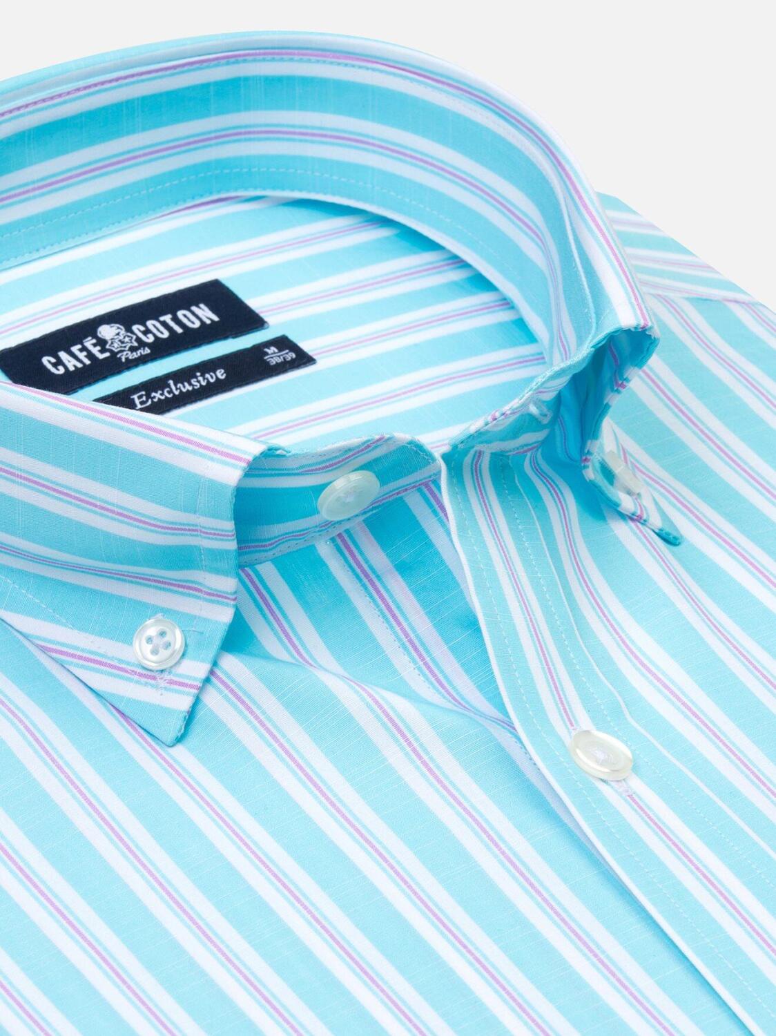 Chemise Devon &agrave; rayures turquoises et roses - Col Boutonn&eacute;