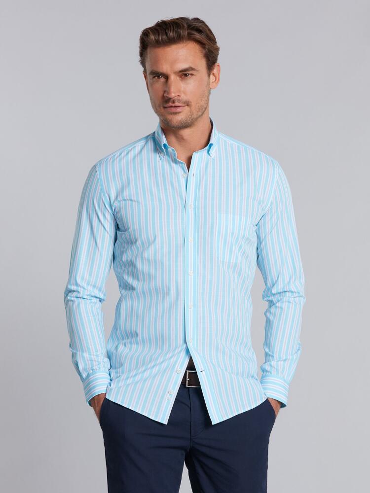 Chemise Devon &agrave; rayures turquoises et roses - Col Boutonn&eacute;