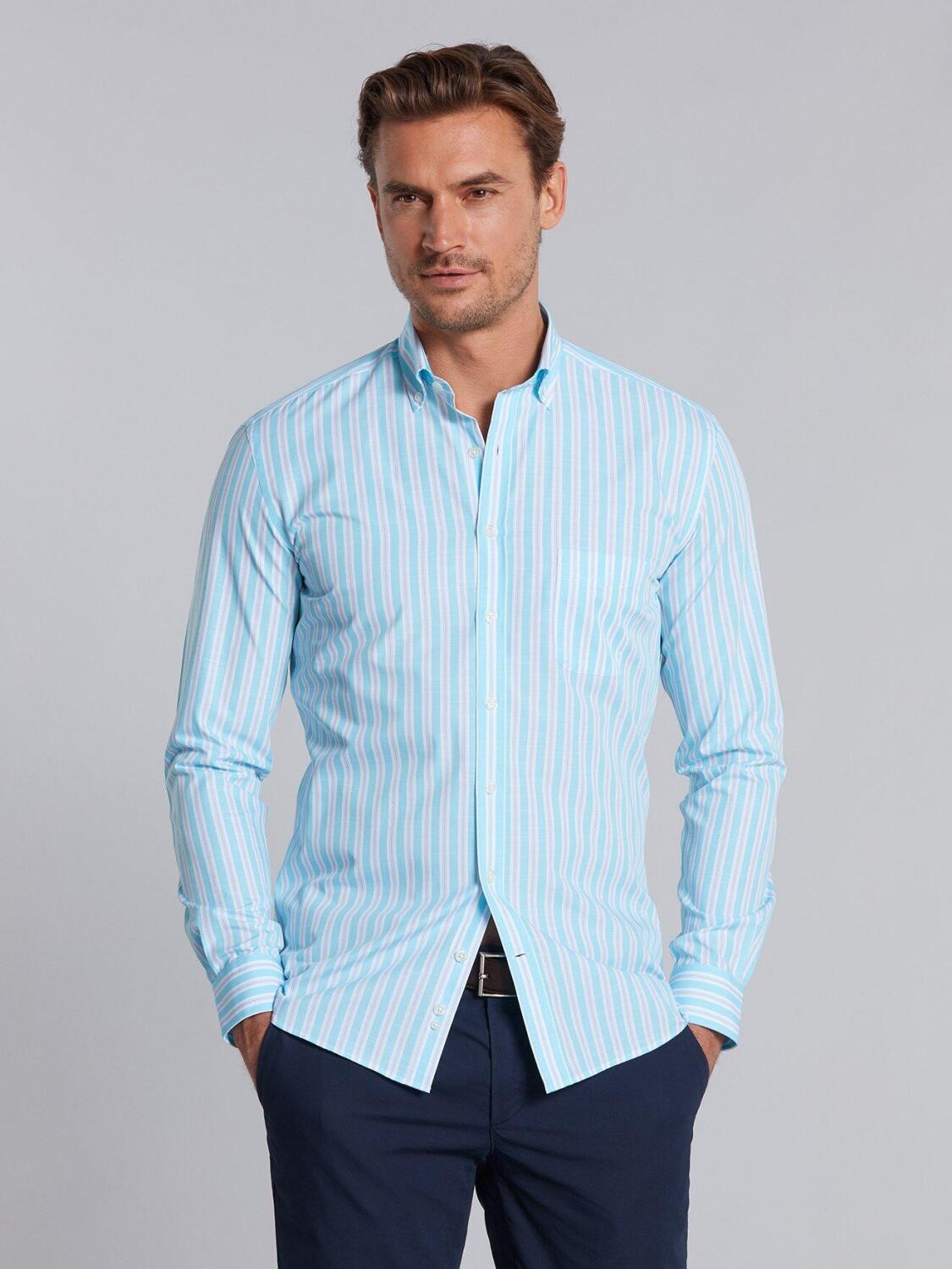 Chemise Devon &agrave; rayures turquoises et roses - Col Boutonn&eacute;