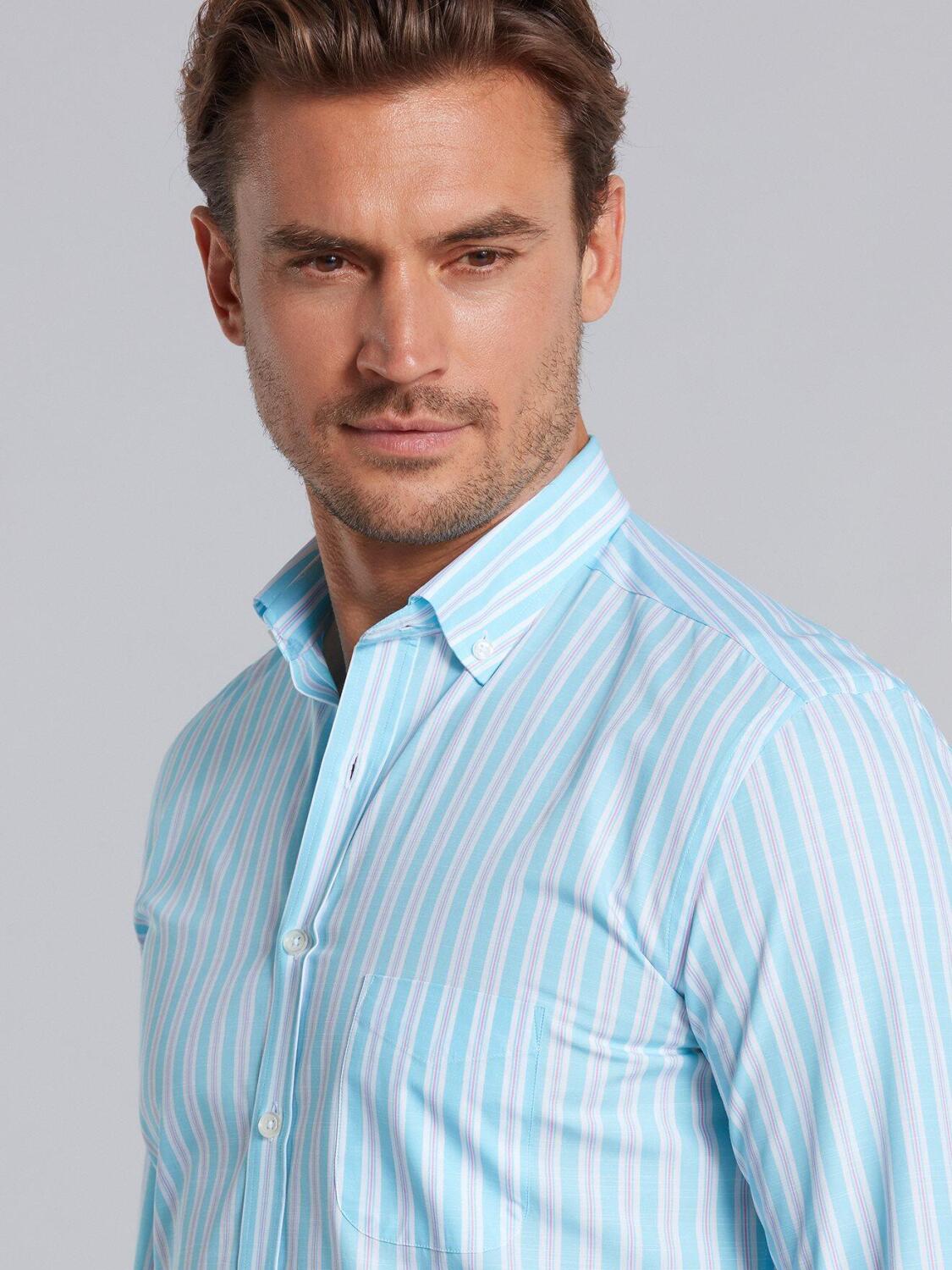 Chemise Devon &agrave; rayures turquoises et roses - Col Boutonn&eacute;