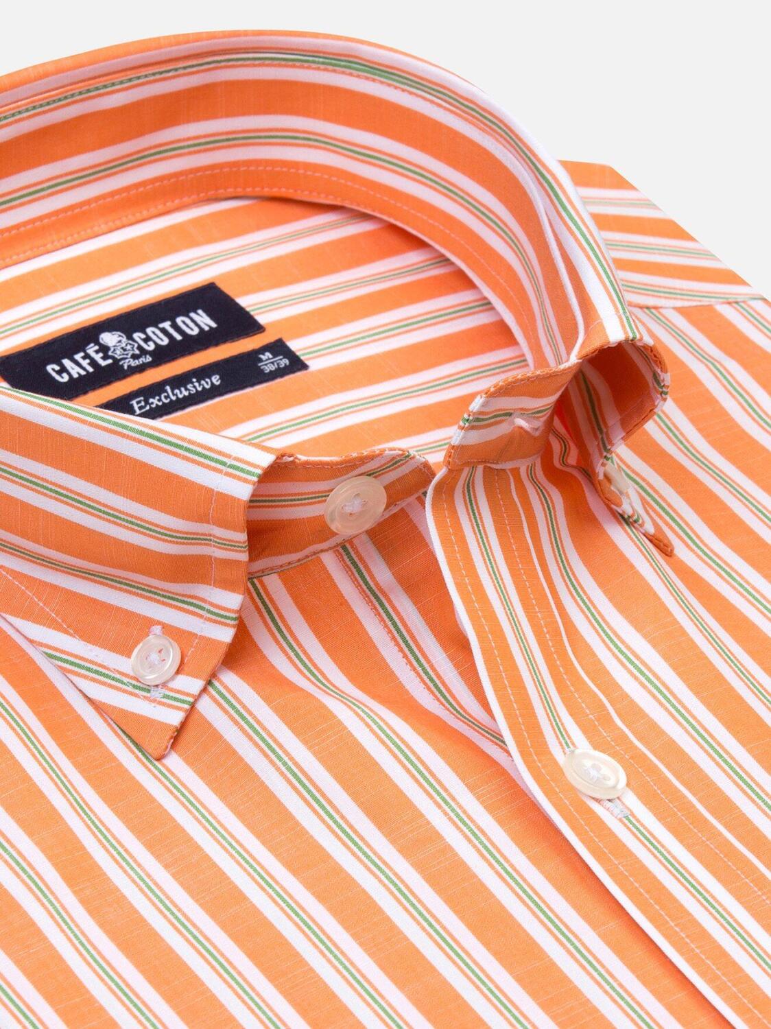 Chemise Devon &agrave; rayures orange et vertes - Col Boutonn&eacute;