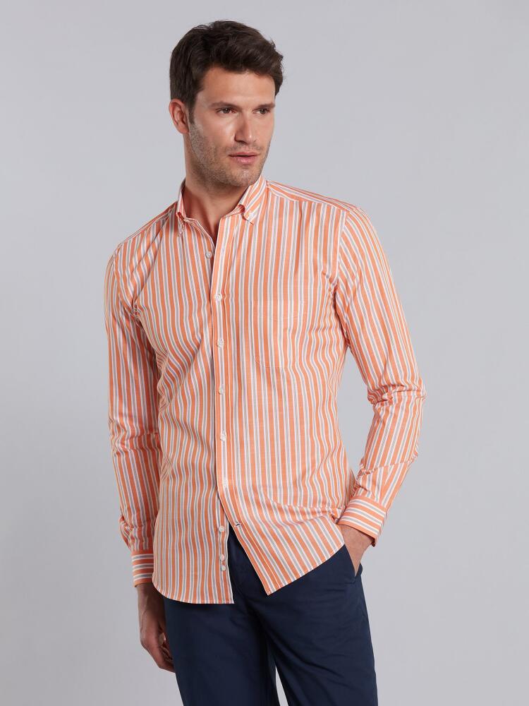Orange and green stripes popelin shirt - Button down collar