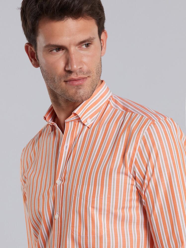 Orange and green stripes popelin shirt - Button down collar
