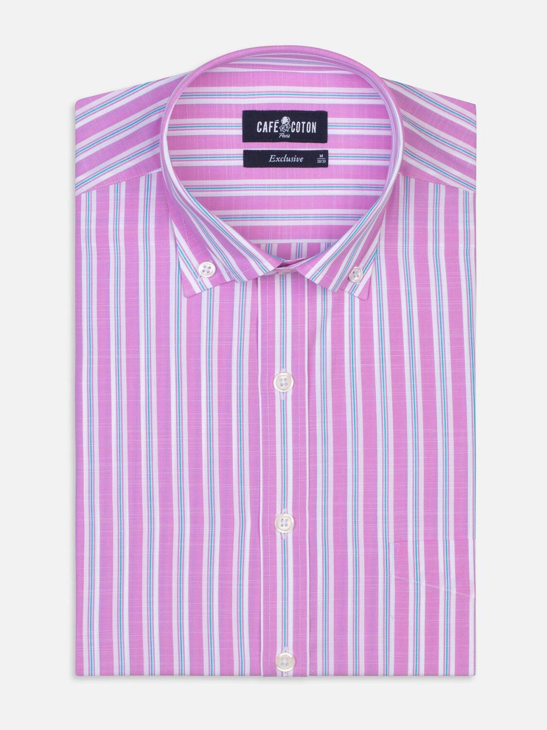 Chemise Devon &agrave; rayures roses et turquoises - Col Boutonn&eacute;