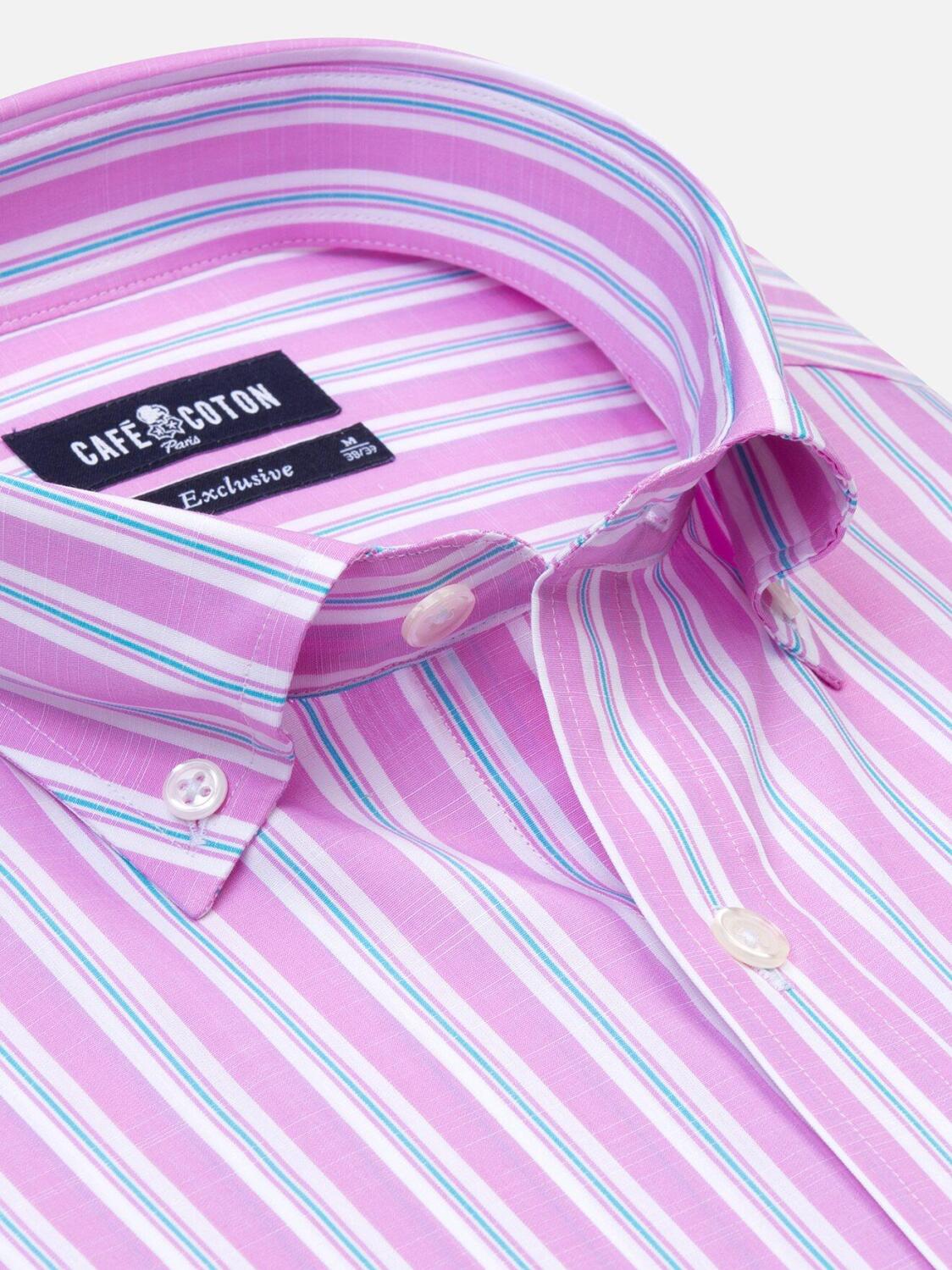 Chemise Devon &agrave; rayures roses et turquoises - Col Boutonn&eacute;
