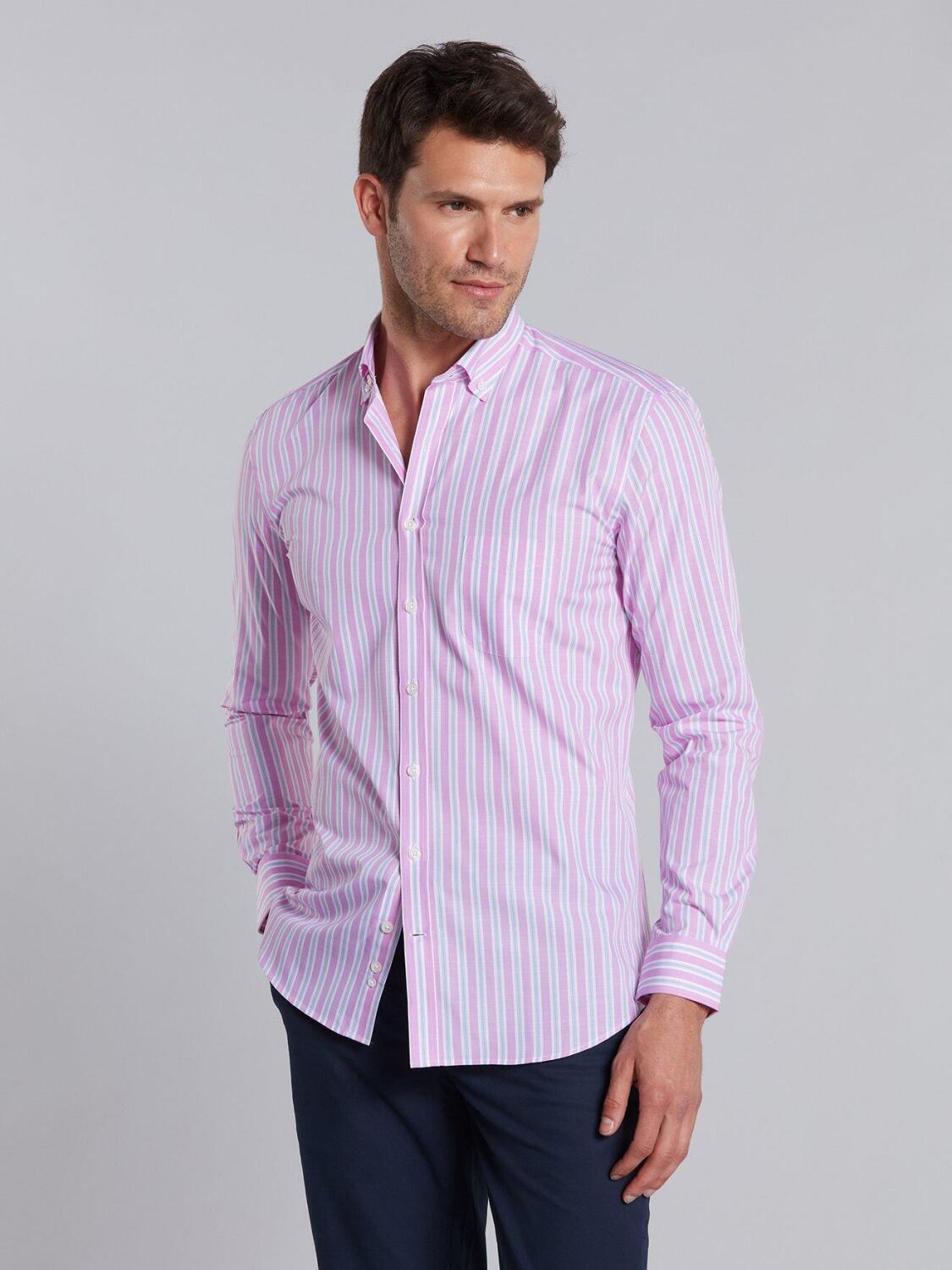 Chemise Devon &agrave; rayures roses et turquoises - Col Boutonn&eacute;