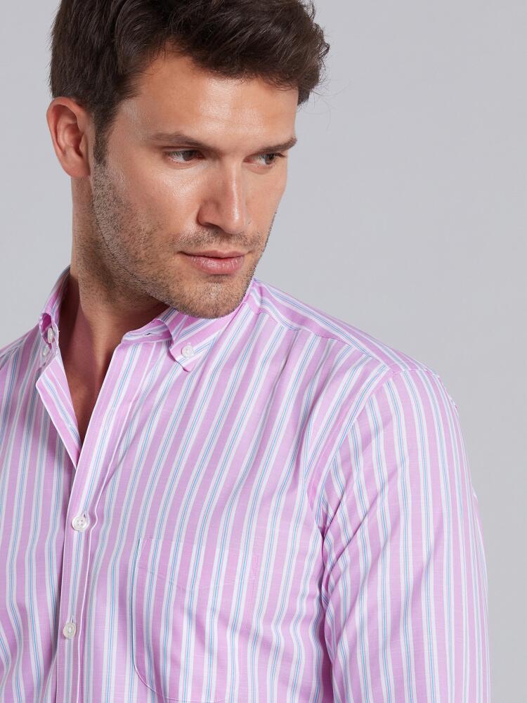 Chemise Devon &agrave; rayures roses et turquoises - Col Boutonn&eacute;