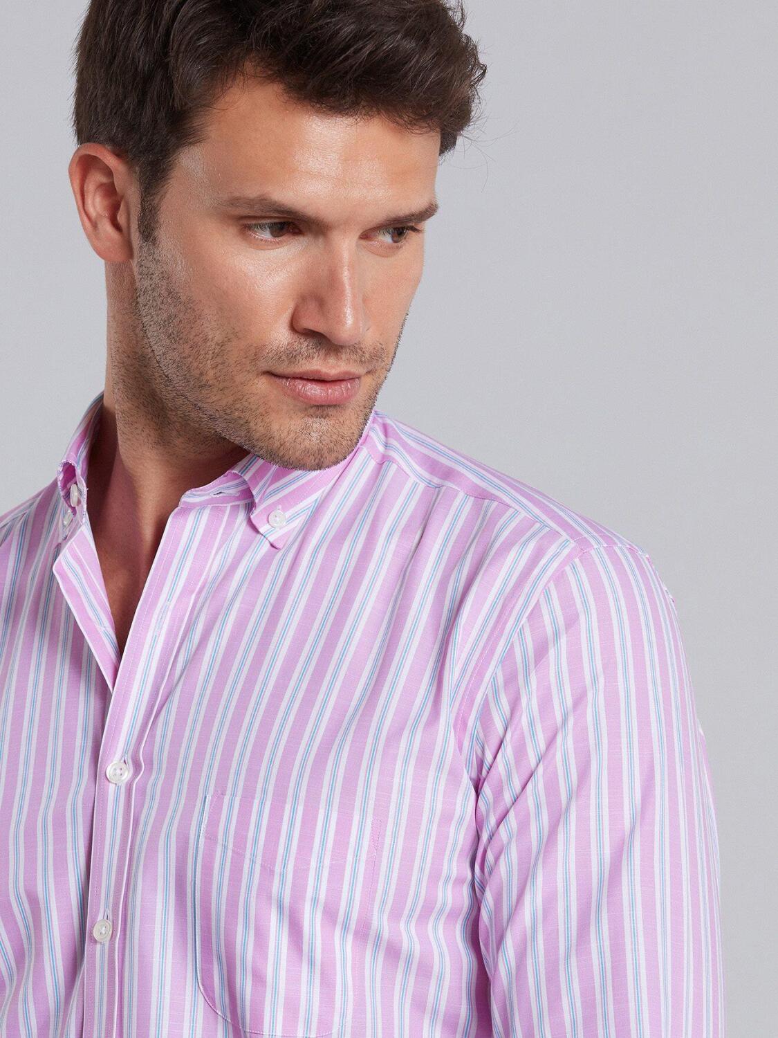 Chemise Devon &agrave; rayures roses et turquoises - Col Boutonn&eacute;