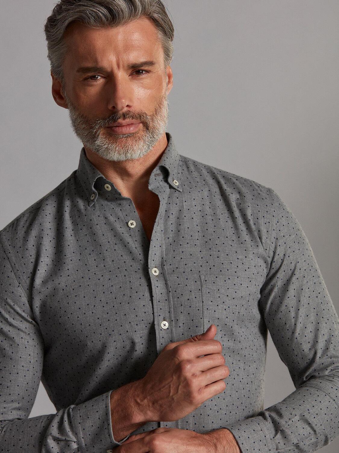 Chemise Dorian en flanelle grise à pois imprimés - Col Boutonné