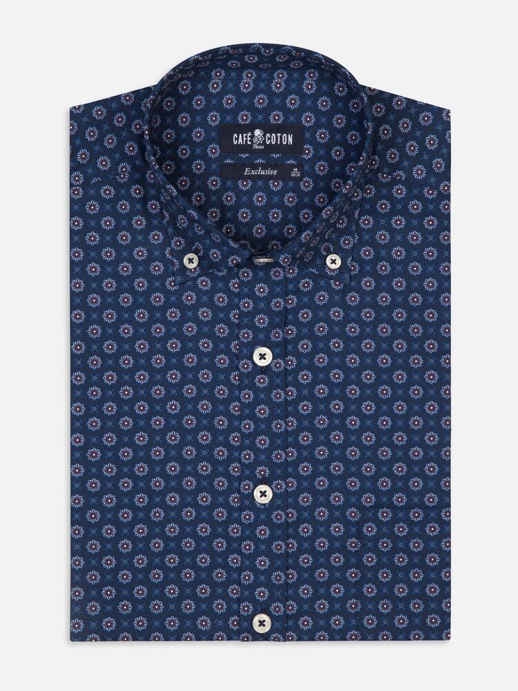 Elton navy blue shirt with printed pattern - Button-down collar