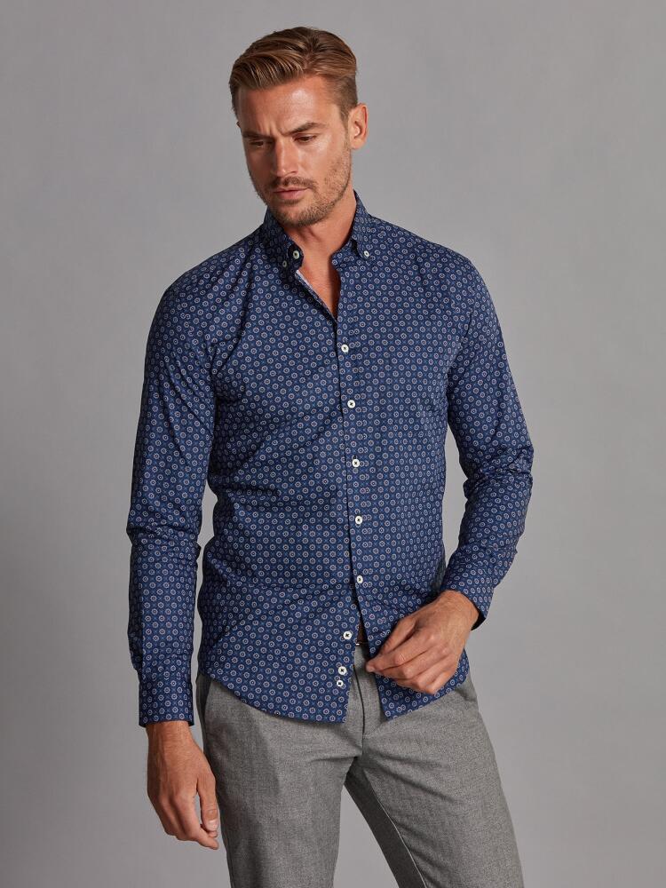 Elton navy blue shirt with printed pattern - Button-down collar