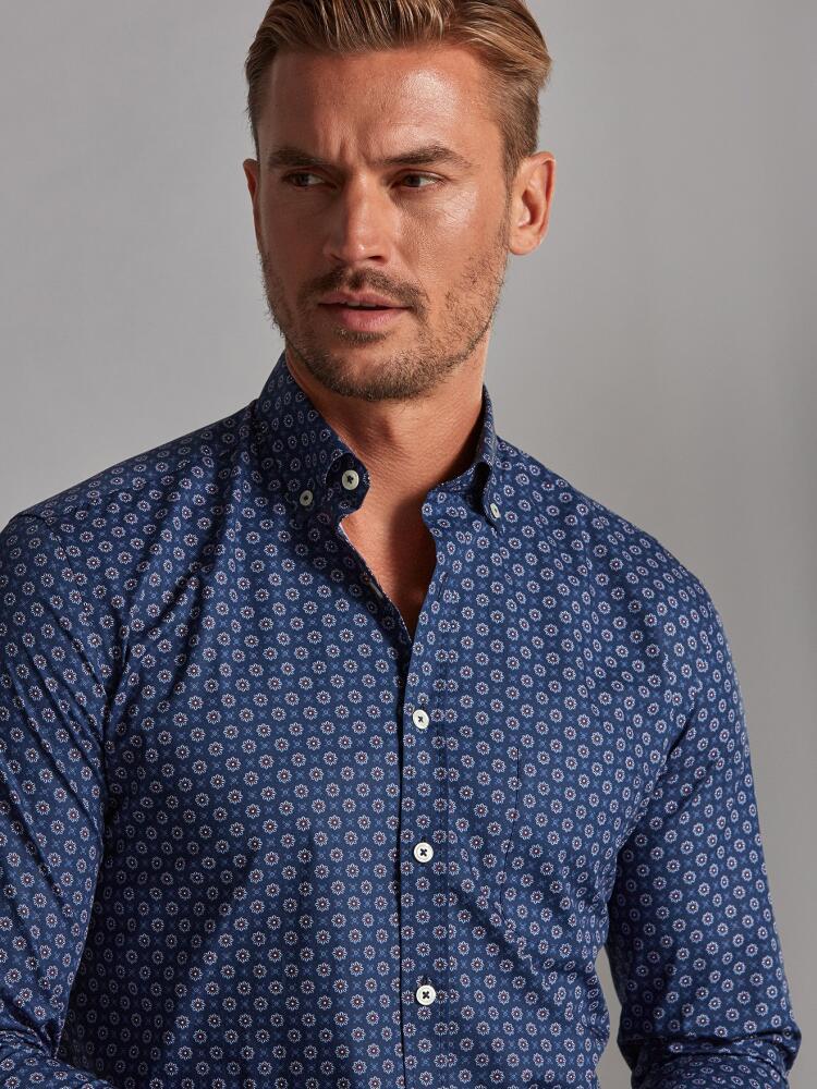 Elton navy blue shirt with printed pattern - Button-down collar